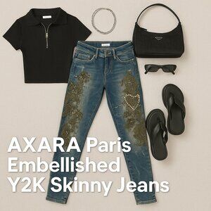AXARA Paris Low-Rise Embellished Y2K Skinny Jeans Medium Wash Acid Wash Size 40